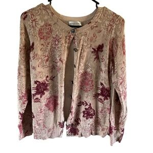 Christopher Banks Floral Cotton Knit Cardigan Sweater tan with floral size small